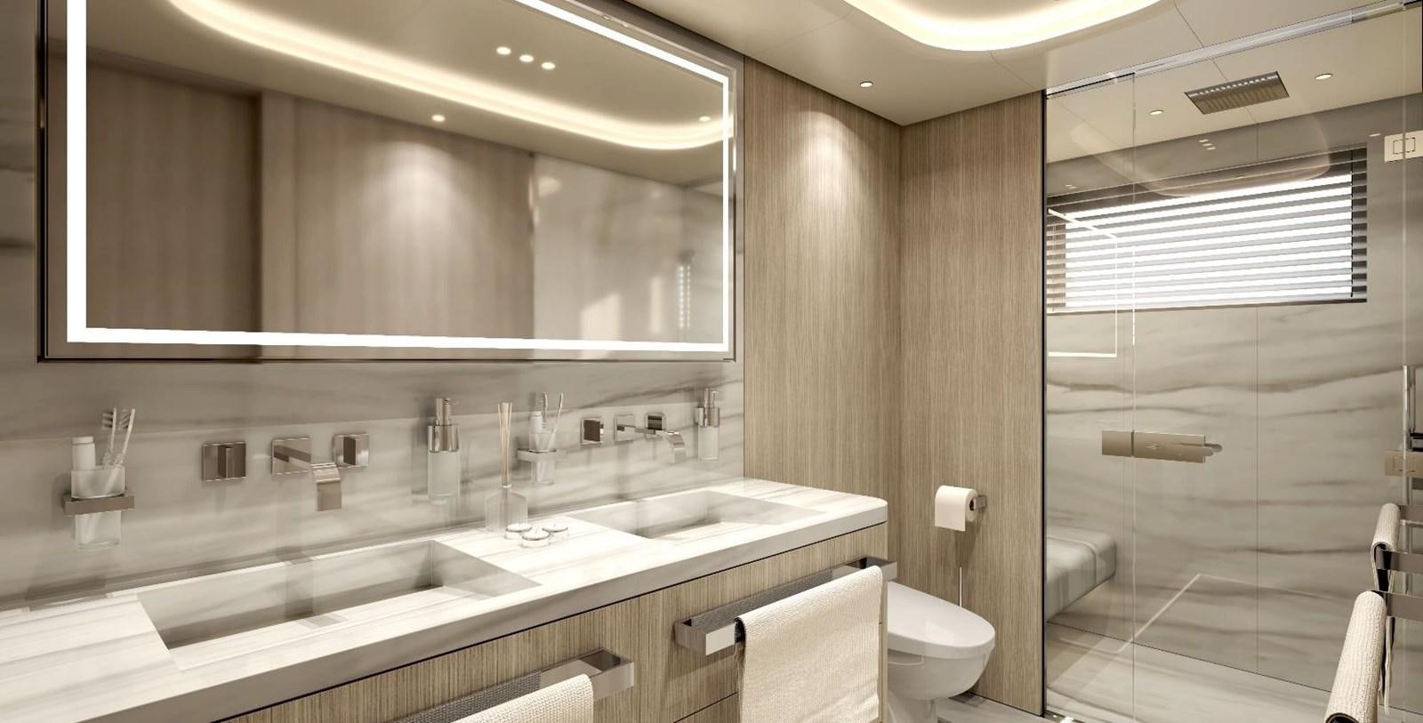 a bathroom with a large mirror aboard VIRTUS 47M NB 115 Yacht for Sale