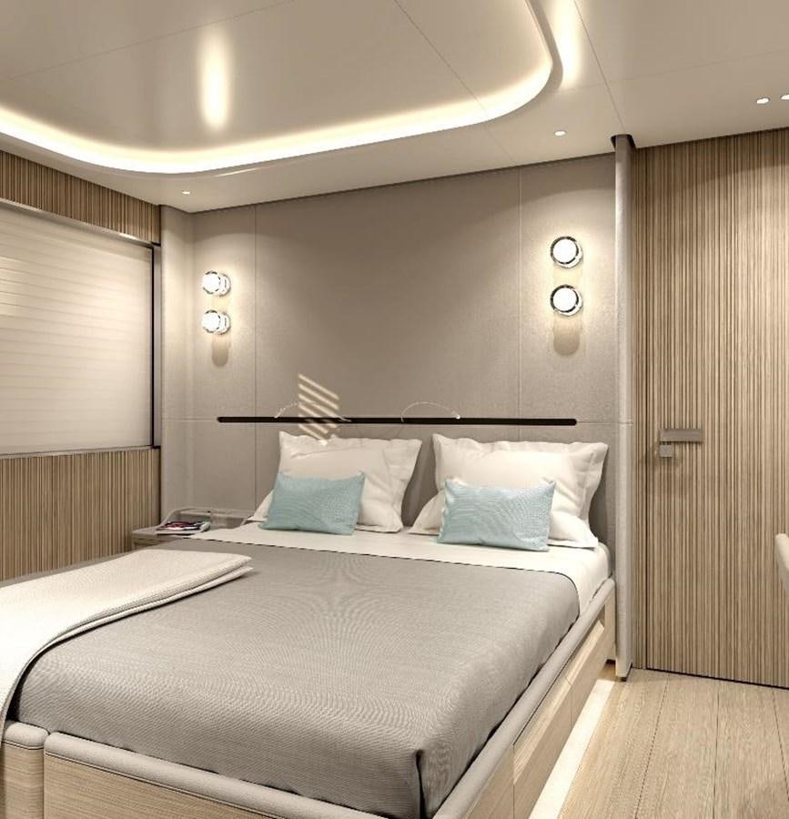a bed with white sheets aboard VIRTUS 47M NB 115 Yacht for Sale