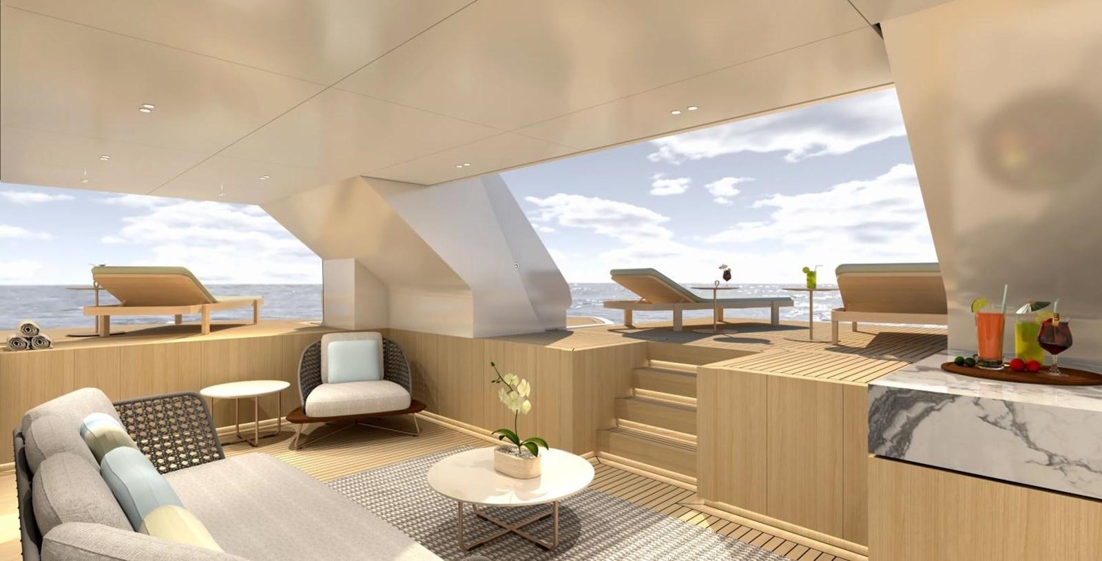 a room with a view of the ocean and the deck aboard VIRTUS 47M NB 115 Yacht for Sale