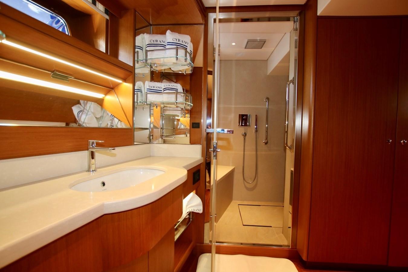 a bathroom with a shower unit and sink aboard CYRANO DE BERGERAC Yacht for Sale