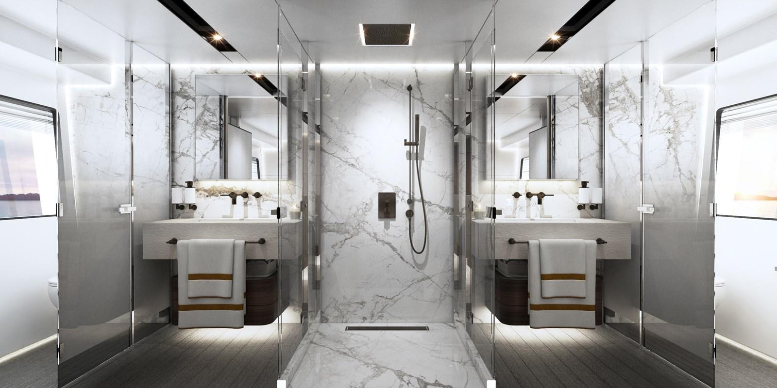 a bathroom with a large shower aboard ASTO82AS8724 Yacht for Sale