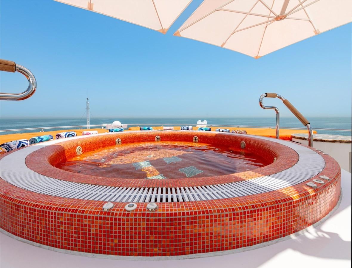 a red and white striped towel on a boat aboard MOONLIGHT II Yacht for Sale