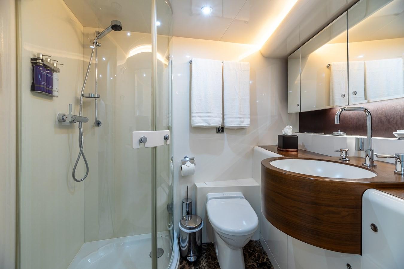a bathroom with a standup shower aboard GRANDEUR Yacht for Sale