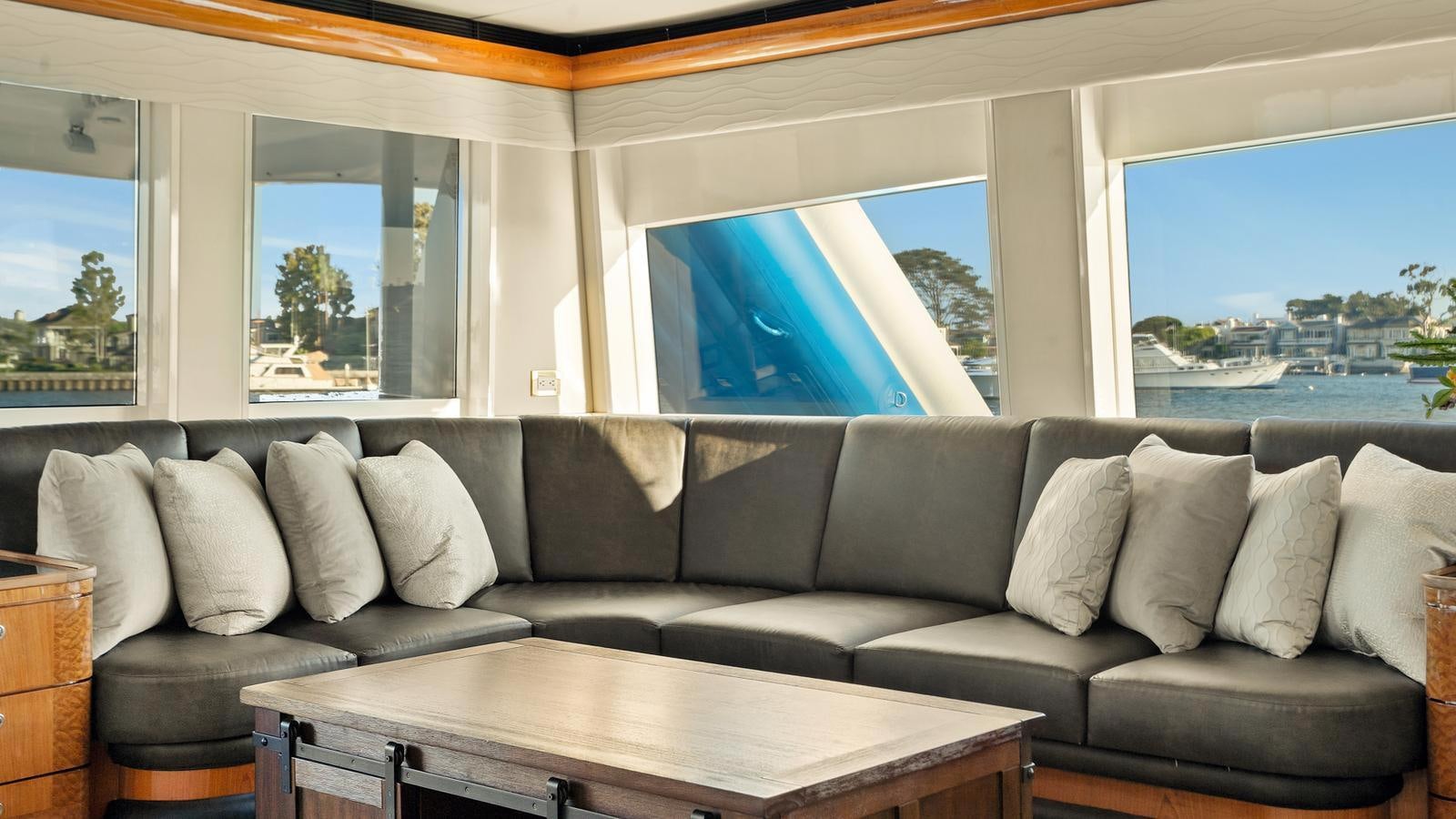 a living room with a large window aboard ANGELICA Yacht for Sale