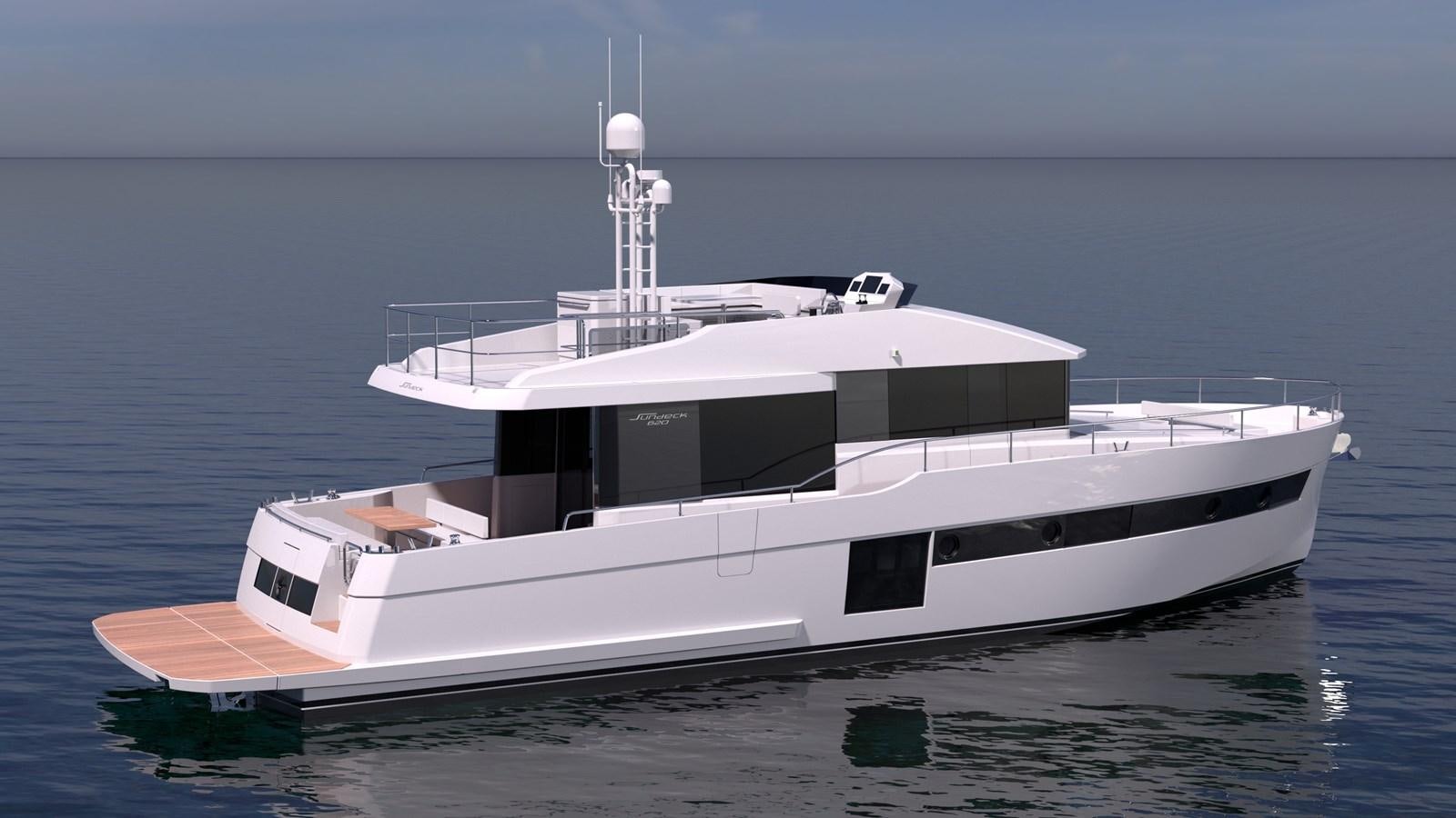 a white yacht on the water aboard SUNDECK YACHTS Yacht for Sale