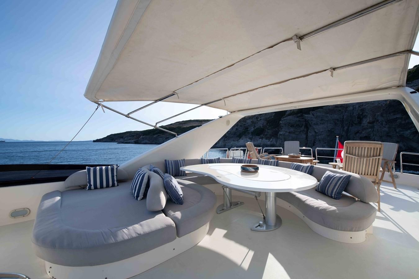 a large white tent with a table and chairs aboard STOLI Yacht for Sale