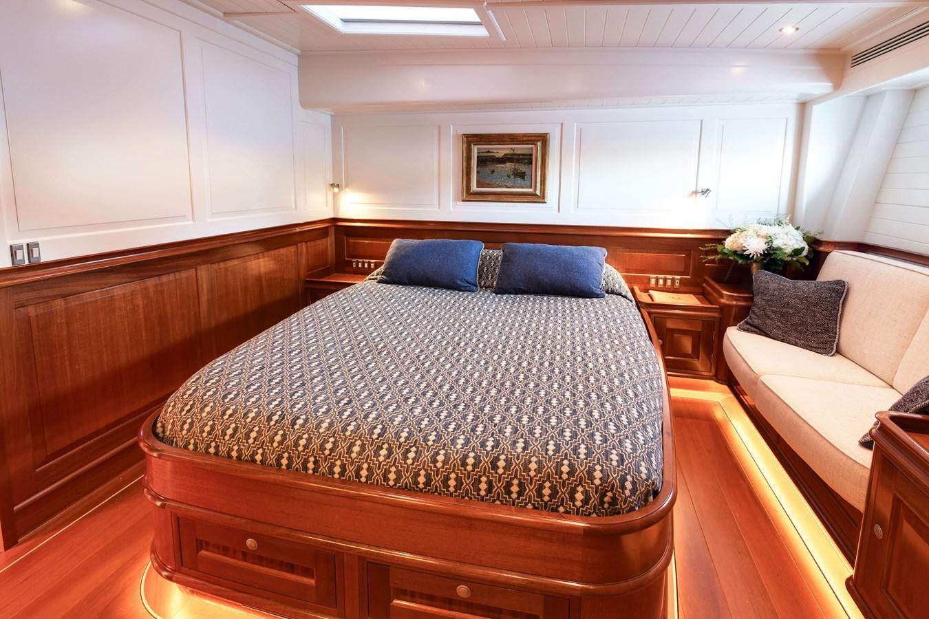 a large bed in a room aboard ATALANTE Yacht for Sale