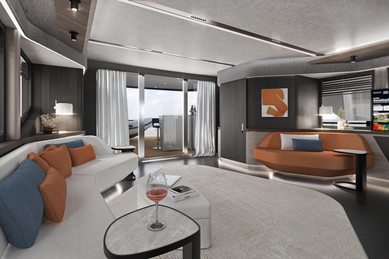 a modern living room with a large window aboard KANDO 85 Yacht for Sale