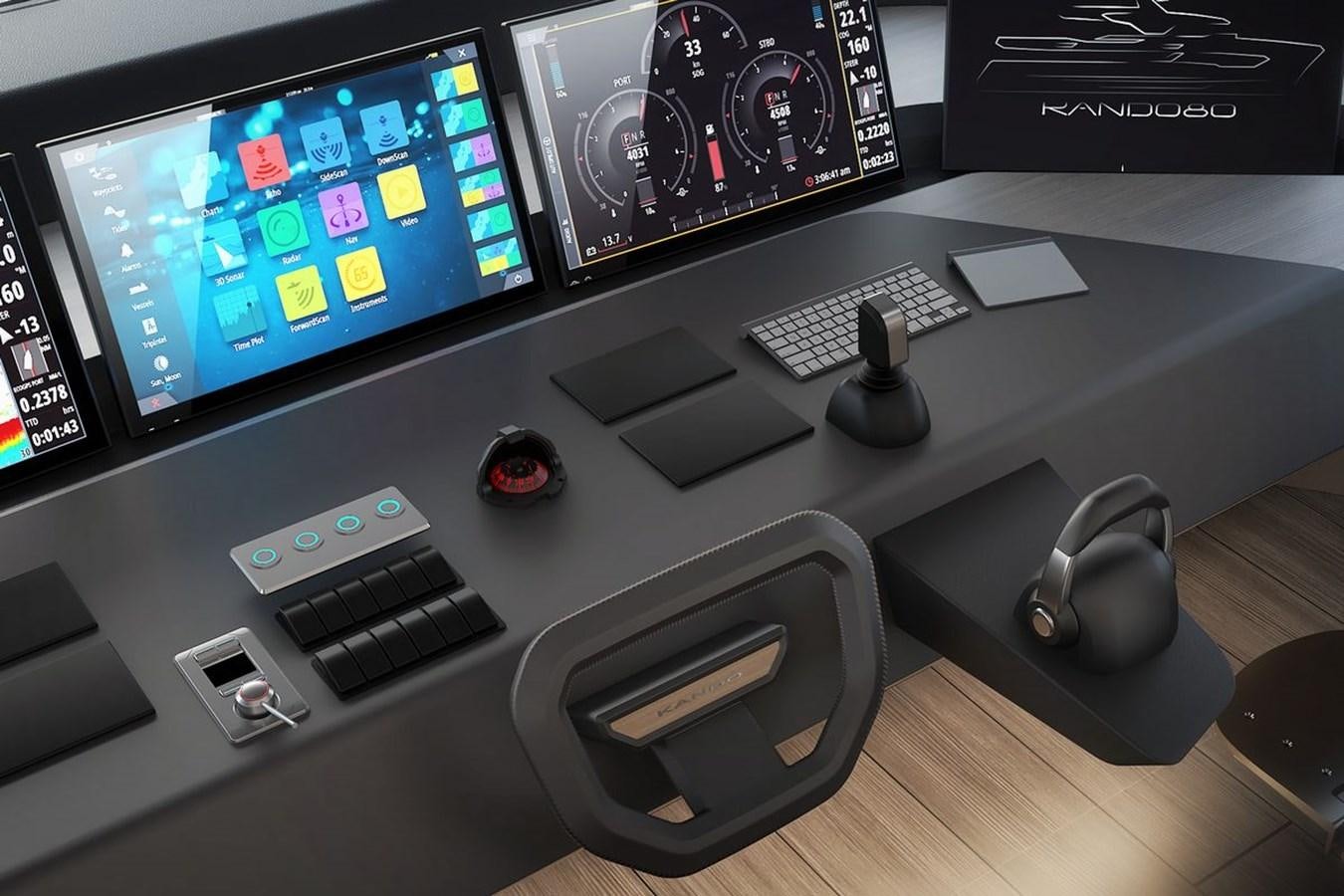 a desk with a computer and a phone on it aboard KANDO 85 Yacht for Sale
