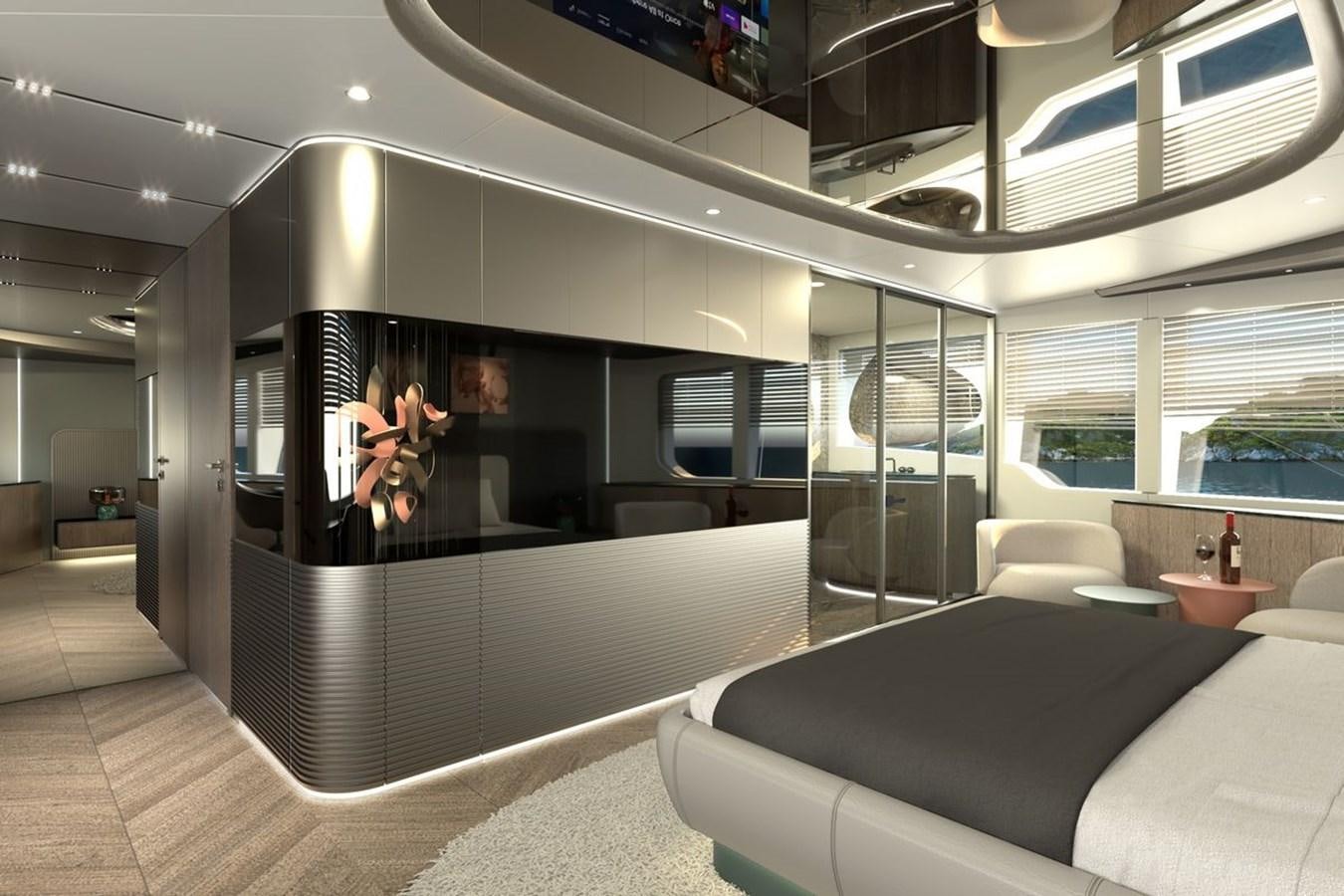a room with a couch and a tv on the wall aboard KANDO 85 Yacht for Sale