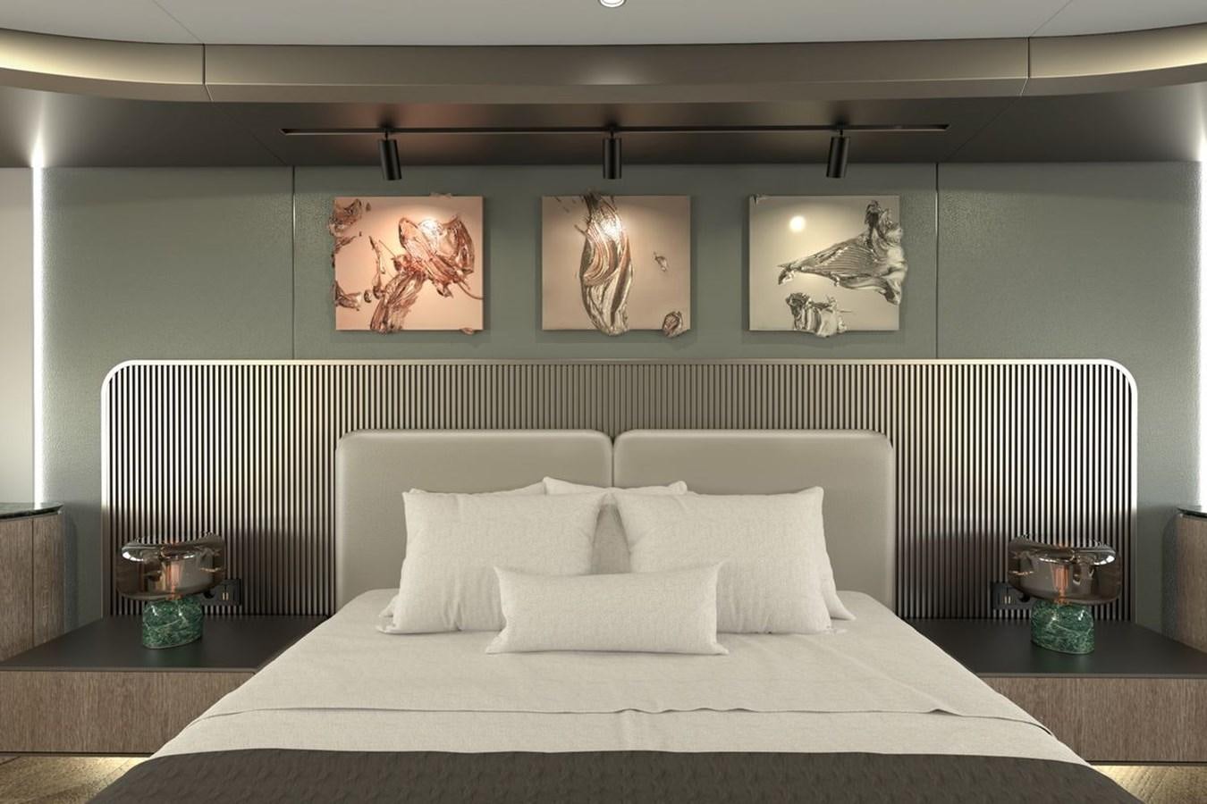 a bed with white sheets aboard KANDO 85 Yacht for Sale