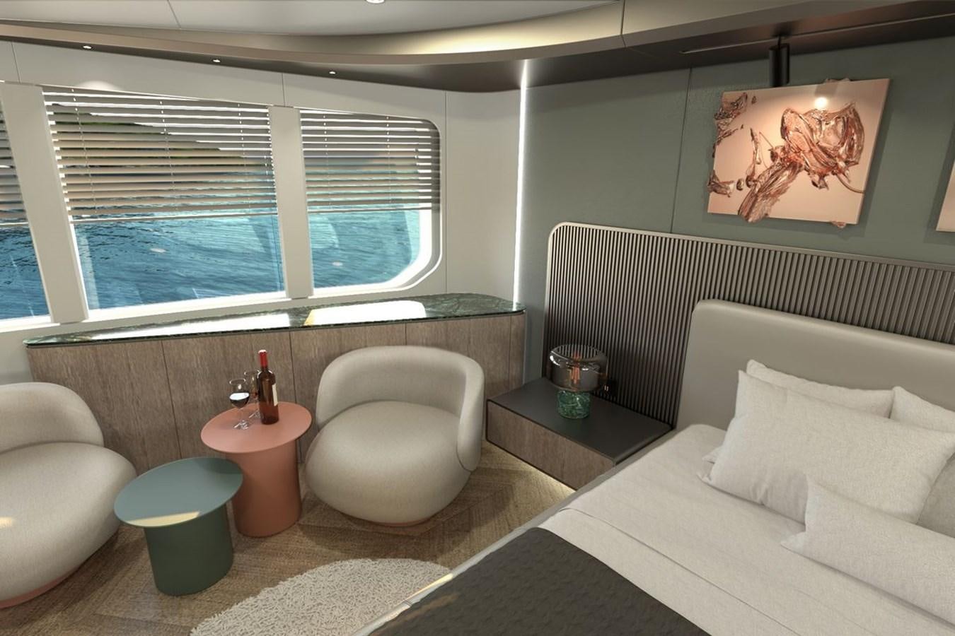 a room with a bed and a window aboard KANDO 85 Yacht for Sale