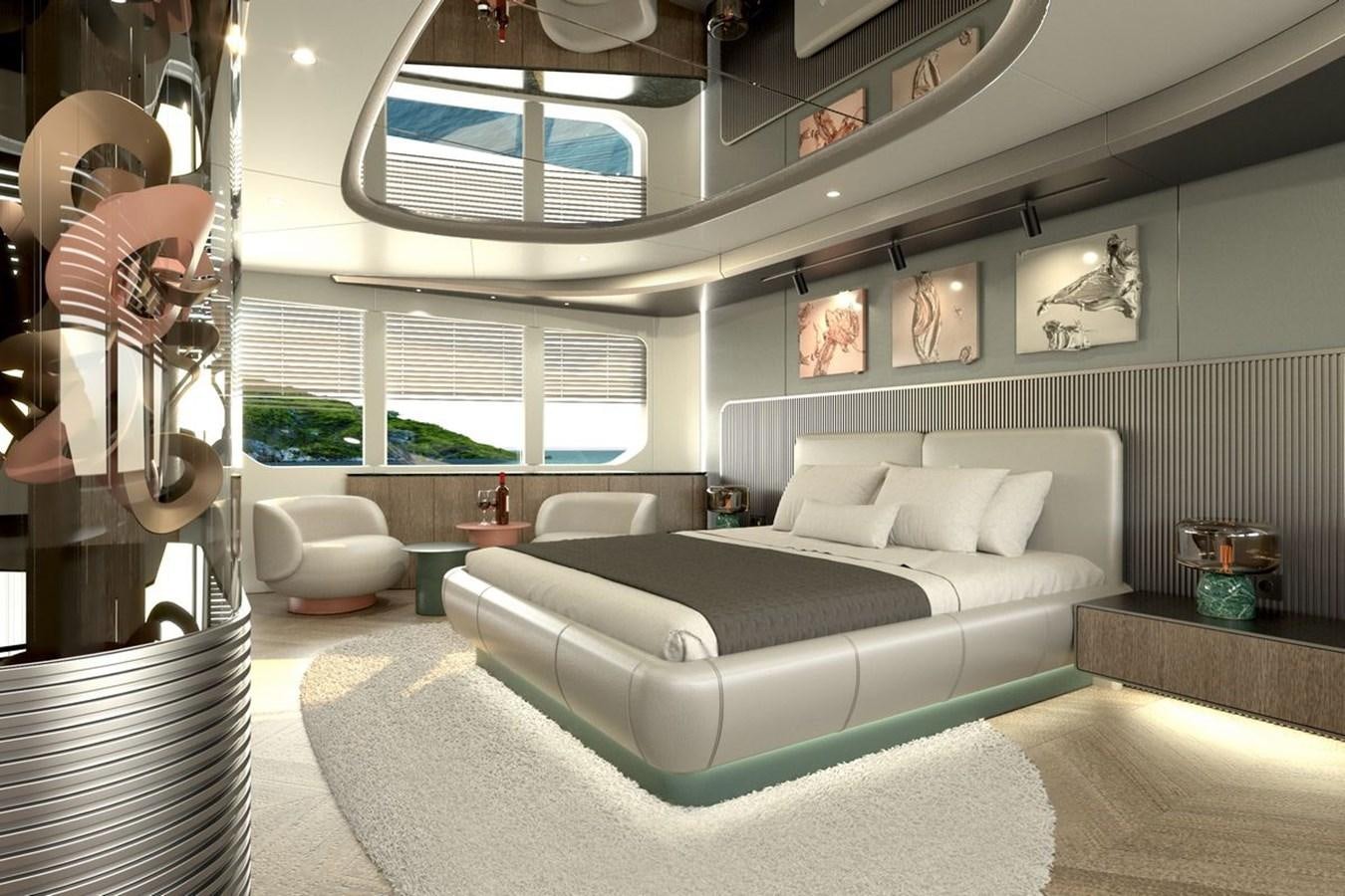 a living room with a large mirror aboard KANDO 85 Yacht for Sale