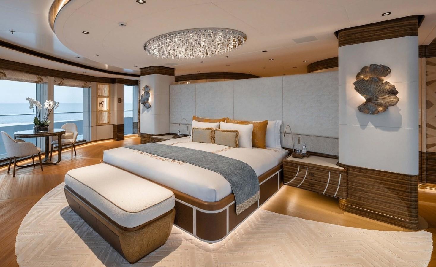 a large bedroom with a large bed aboard ENERGY Yacht for Sale