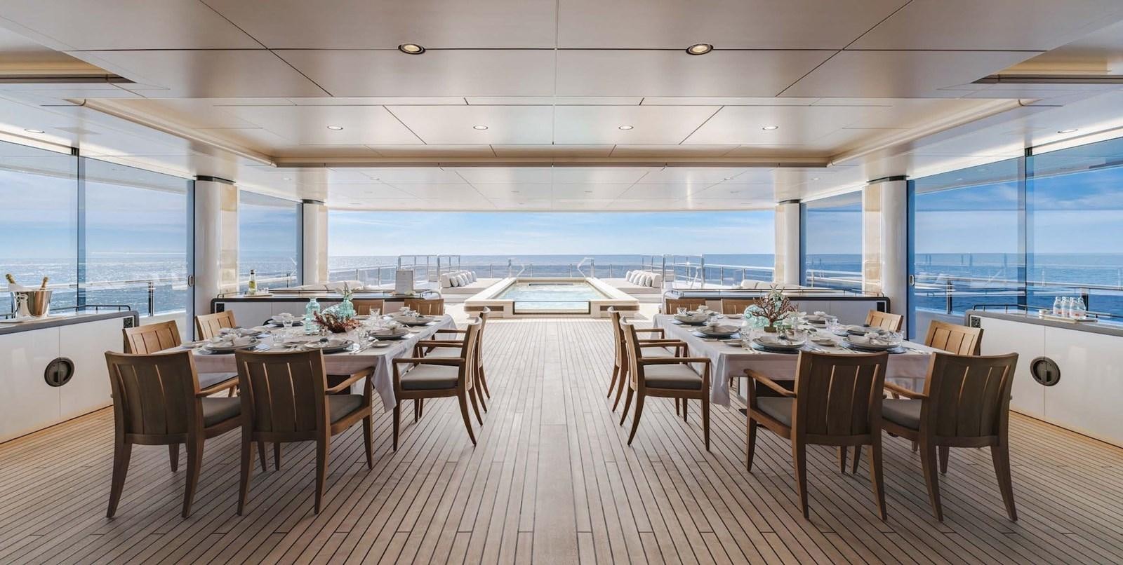 a large room with tables and chairs aboard ENERGY Yacht for Sale