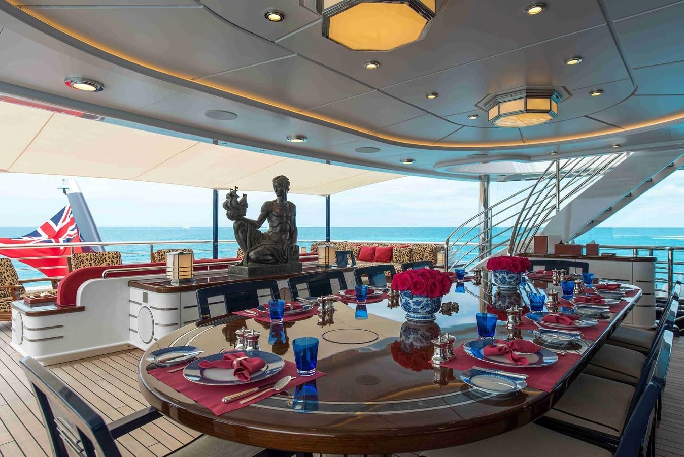 a large room with a table and plates aboard AURORA Yacht for Sale