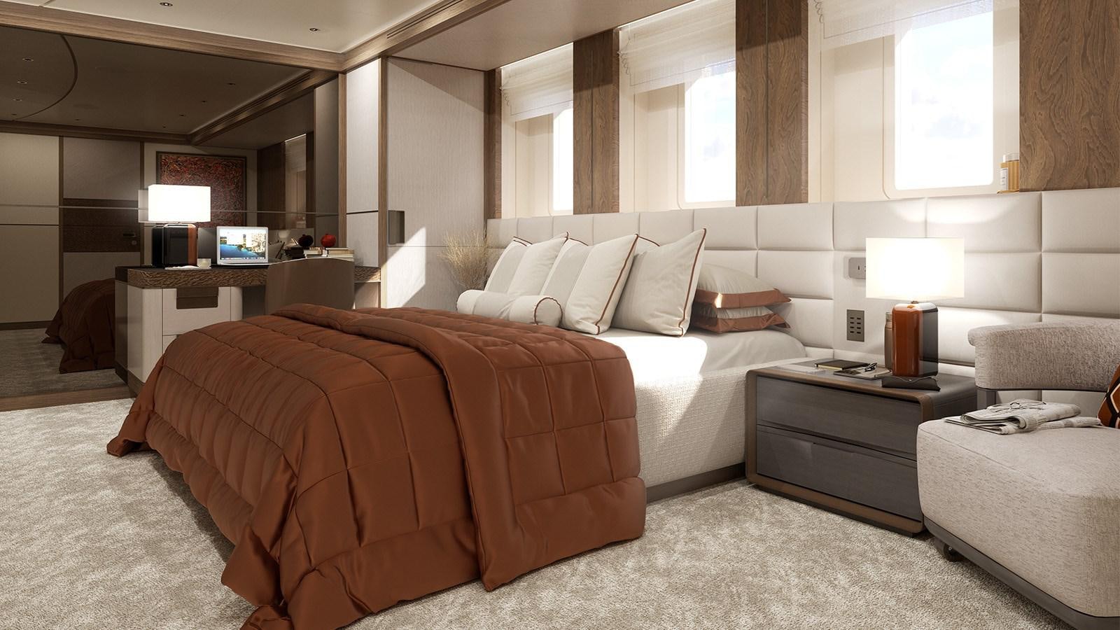 a bedroom with a bed and a desk aboard HEESEN 55M STEEL YN 20955  AGNETHA Yacht for Sale