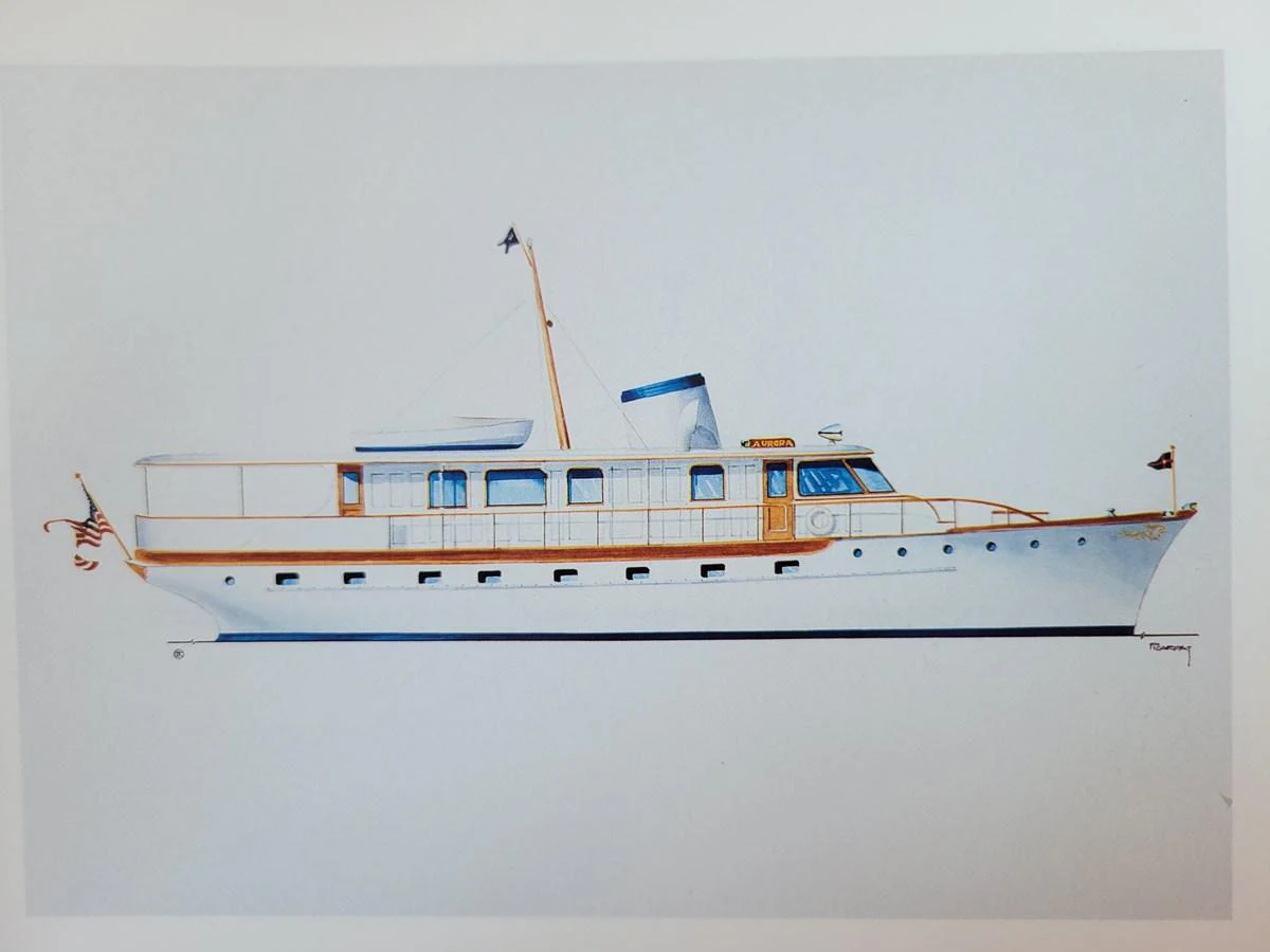a white boat with blue stripe aboard BERNADETTE Yacht for Sale