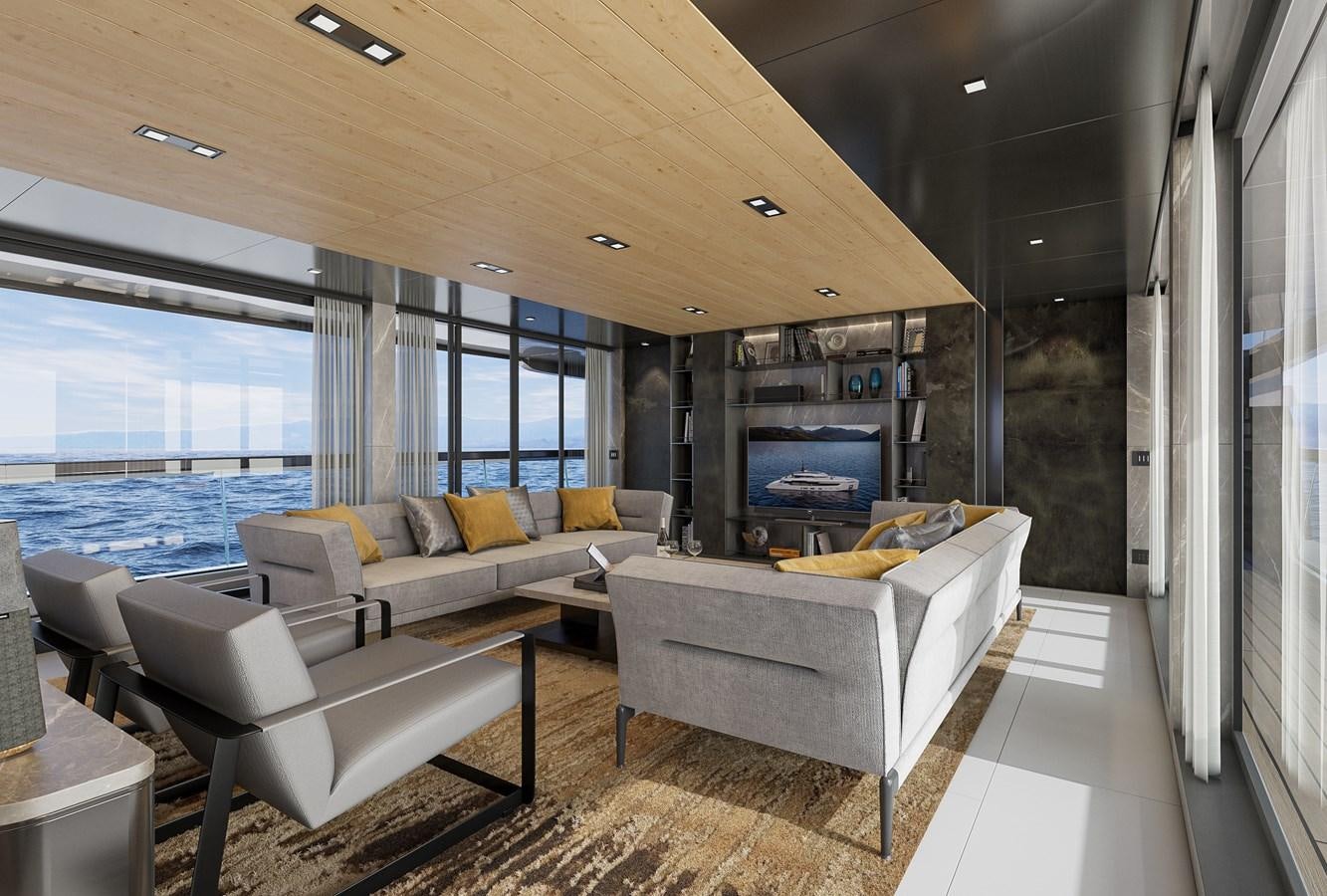 a living room with a large window aboard COLUMBUS ATLANTIQUE 37/01 Yacht for Sale