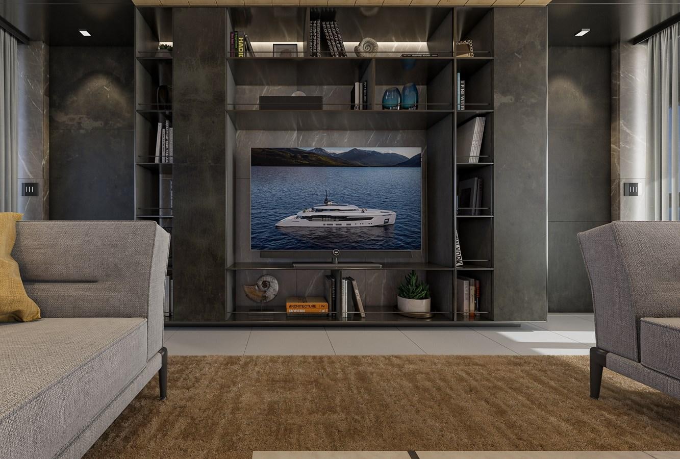 a living room with a fireplace aboard COLUMBUS ATLANTIQUE 37/01 Yacht for Sale