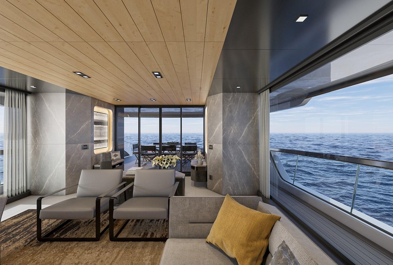 a living room with a large window aboard COLUMBUS ATLANTIQUE 37/01 Yacht for Sale