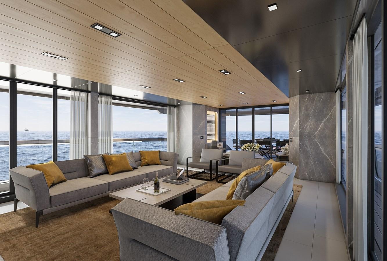 a living room with a large window aboard COLUMBUS ATLANTIQUE 37/01 Yacht for Sale