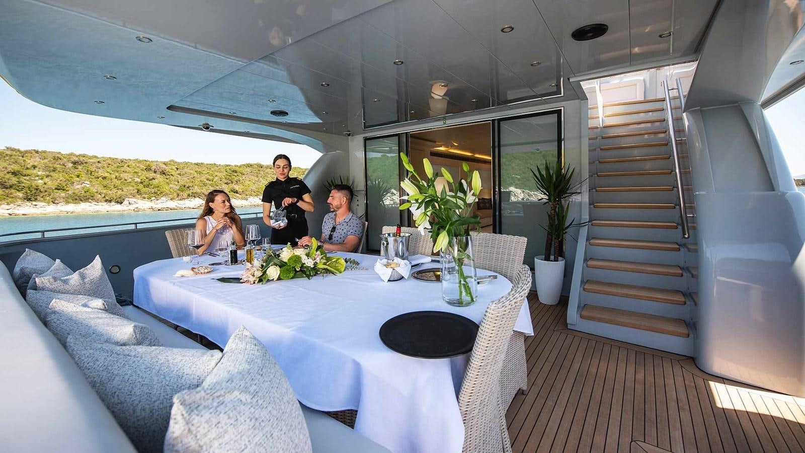 a group of people sitting around a table aboard ANAVI Yacht for Sale