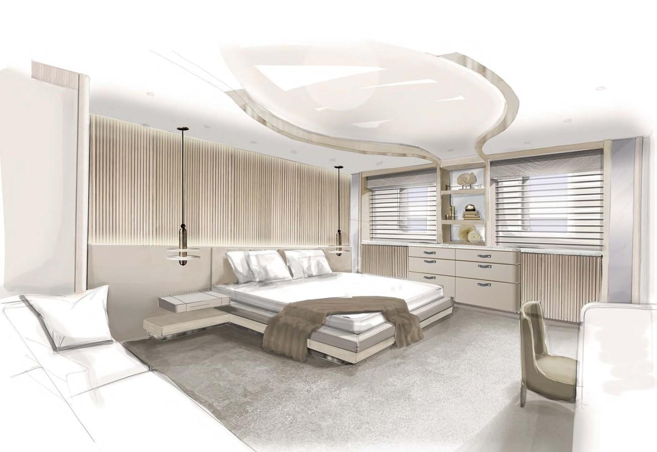 a bedroom with a bed and a chair aboard SOLSTICE Yacht for Sale