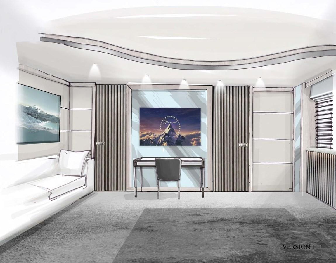 a room with a couch and a television aboard SOLSTICE Yacht for Sale
