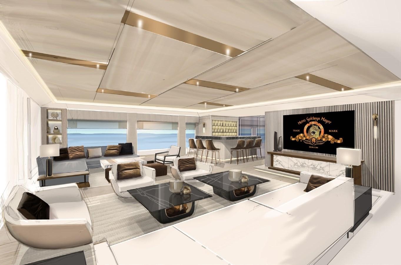 a living room with a large fireplace aboard SOLSTICE Yacht for Sale