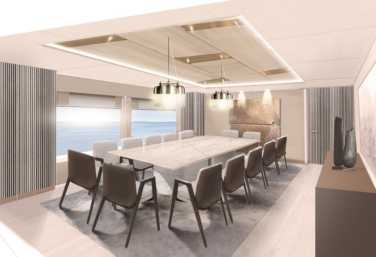a room with a table and chairs aboard SOLSTICE Yacht for Sale