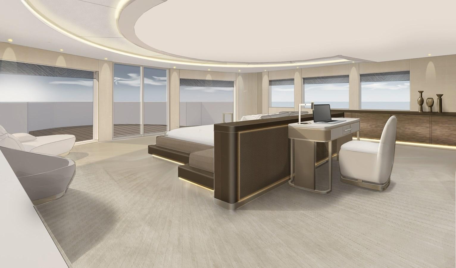 a room with a large window and a desk with a computer aboard SOLSTICE Yacht for Sale