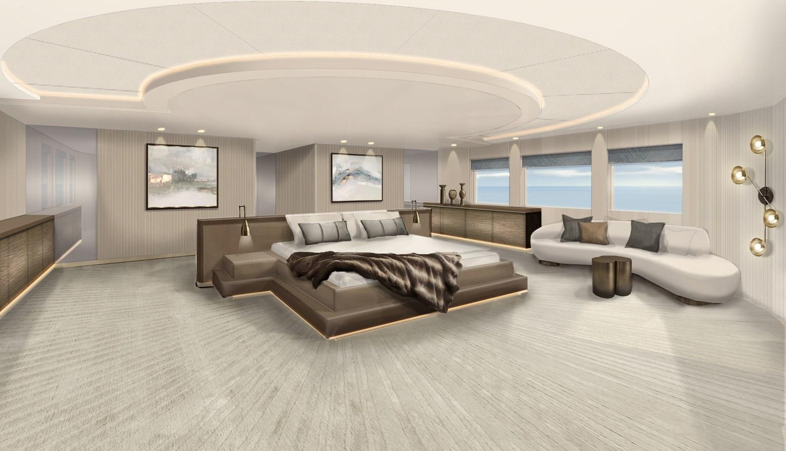 a large living room with a large bed and a large window aboard SOLSTICE Yacht for Sale