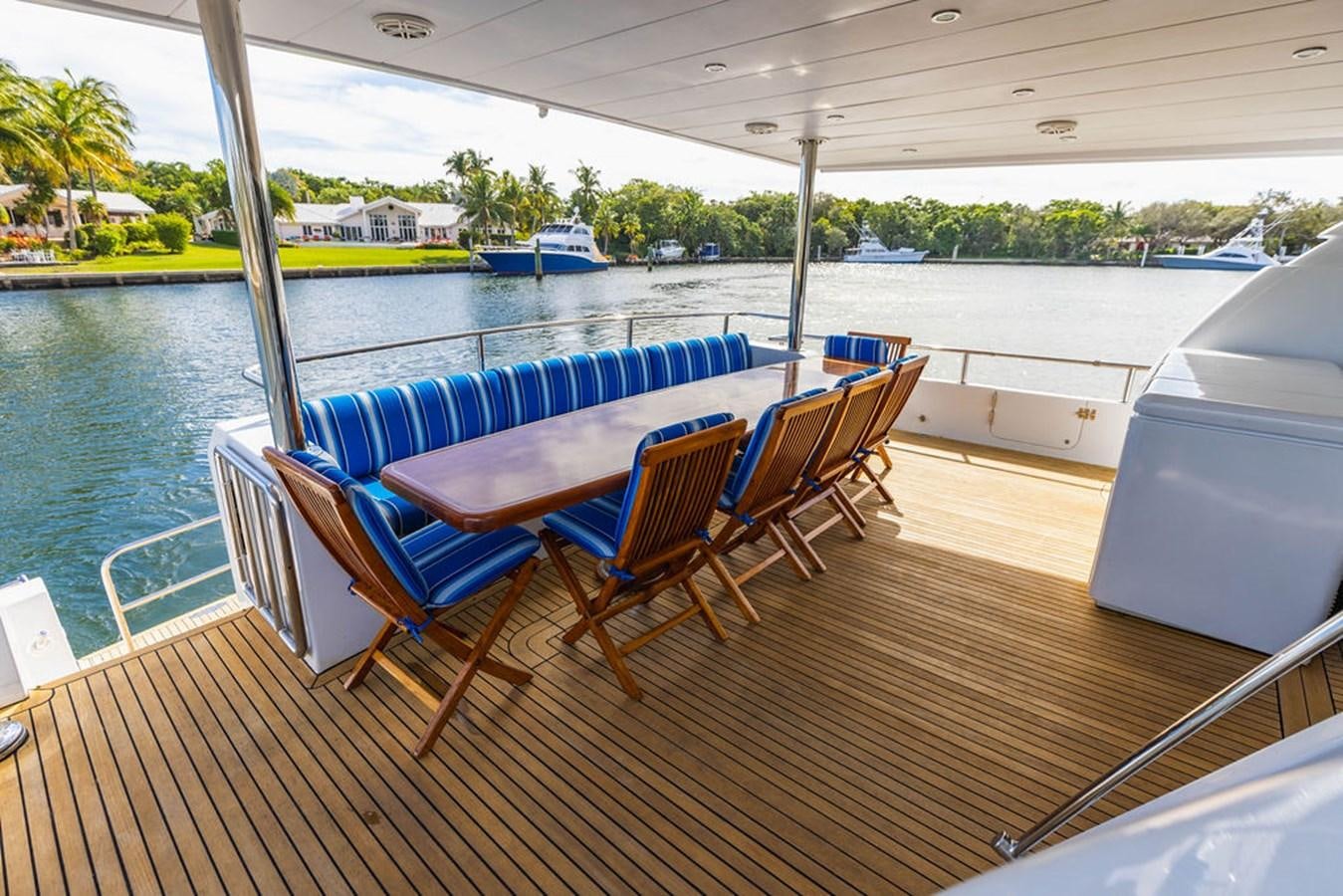 a deck with a pool and a deck with chairs and trees aboard NO REGRETS Yacht for Sale