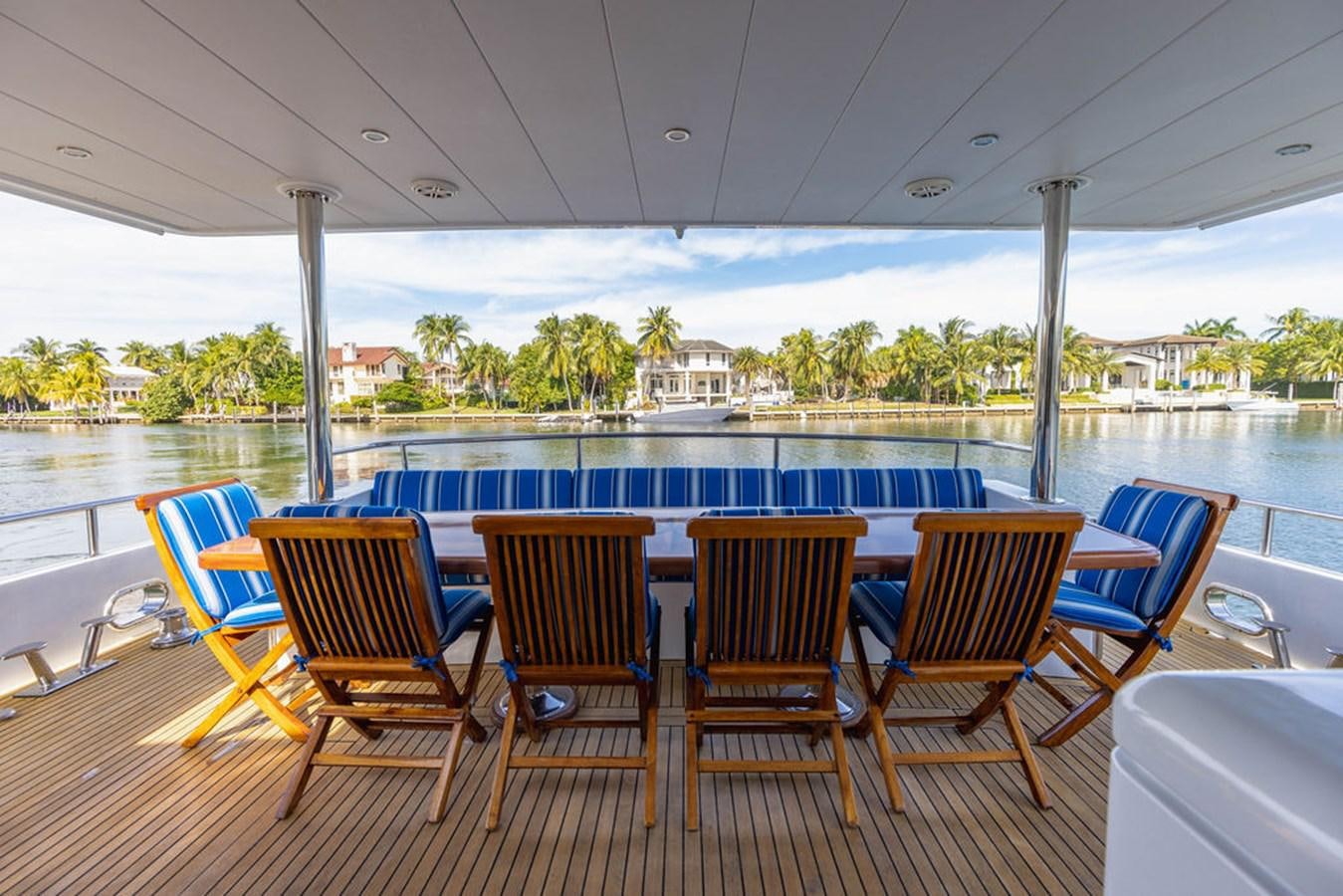 a group of chairs on a deck overlooking a body of water aboard NO REGRETS Yacht for Sale