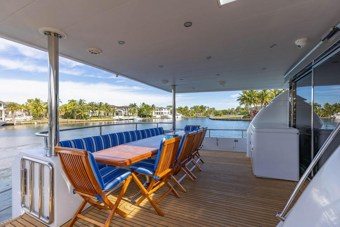 a deck with a view of the water and the land aboard NO REGRETS Yacht for Sale