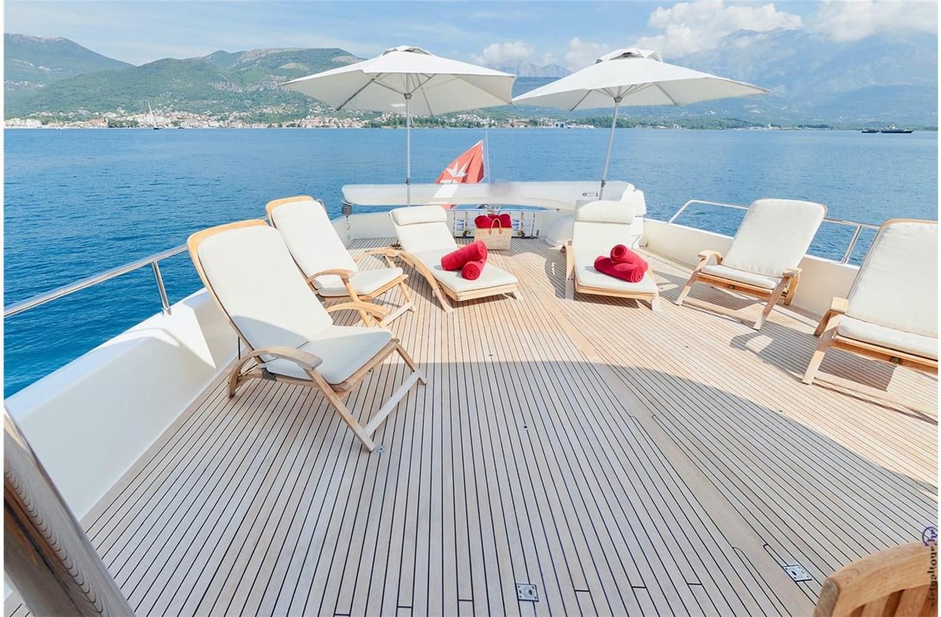 a deck with chairs and umbrellas on it aboard ZIACANAIA Yacht for Sale