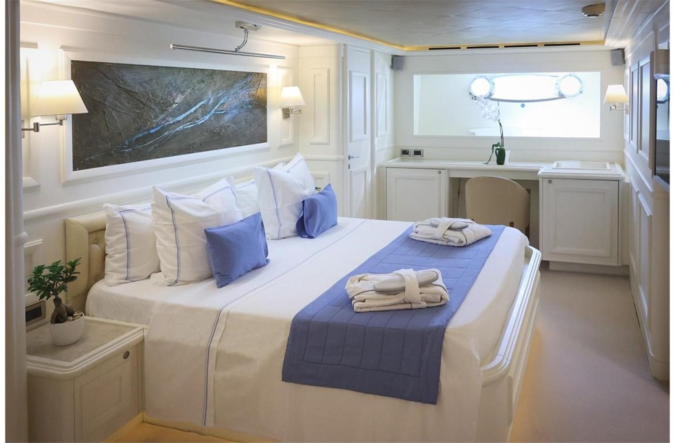 a bed with blue sheets aboard ZIACANAIA Yacht for Sale