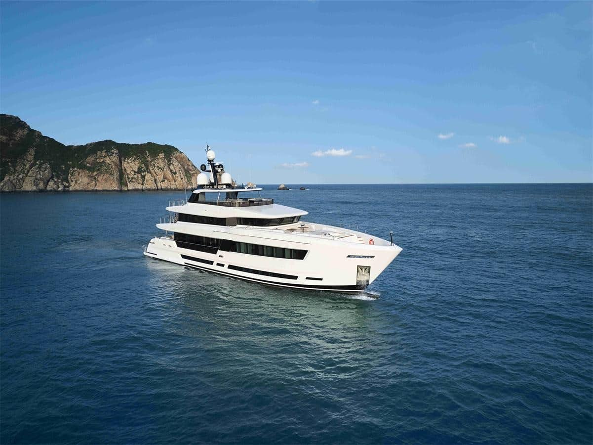 a white boat in the water aboard ALLSEAS ASTERIA 142 Yacht for Sale