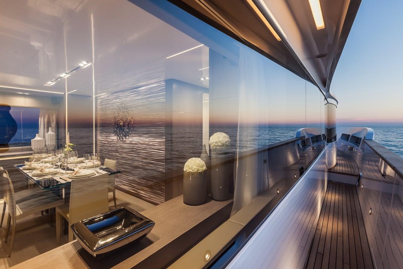 a room with a wood deck and a large window with a view of the ocean aboard DREAMLINE 35 Yacht for Sale