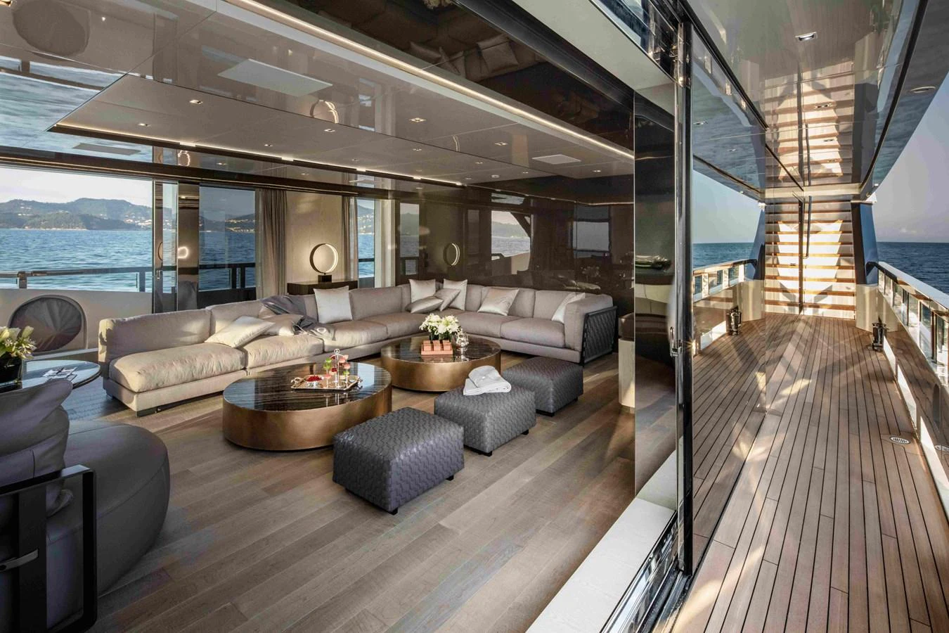 a living room with a large window aboard MA Yacht for Sale