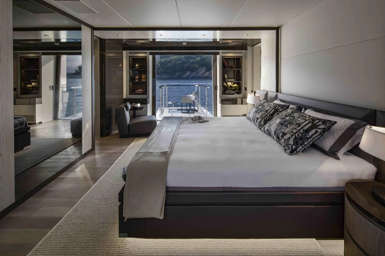 a bed room with a large window aboard MA Yacht for Sale