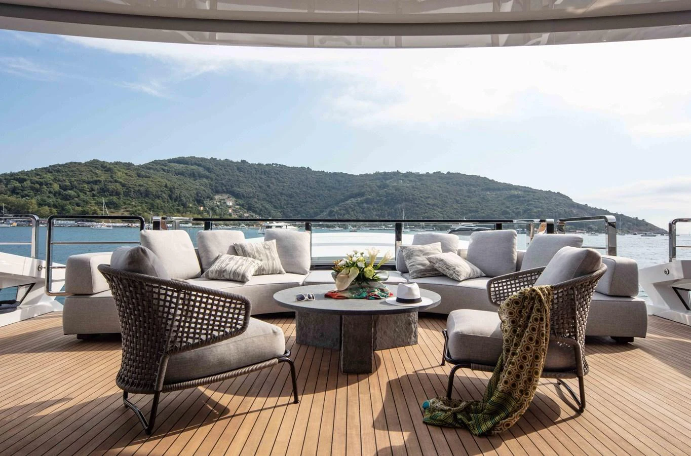 a living room with a large balcony aboard MA Yacht for Sale
