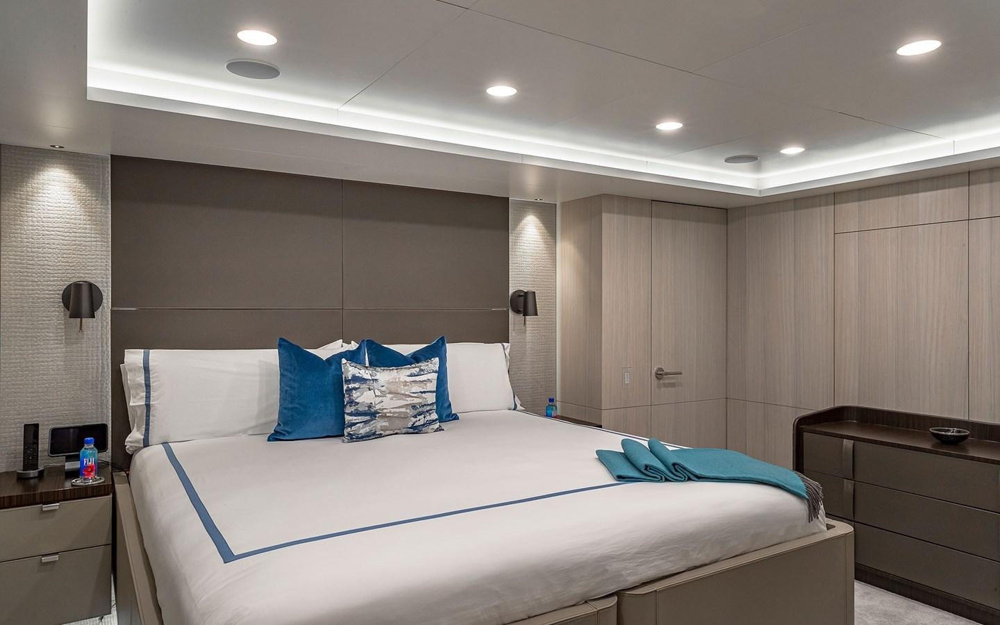 a bed in a room aboard REVERIE Yacht for Sale