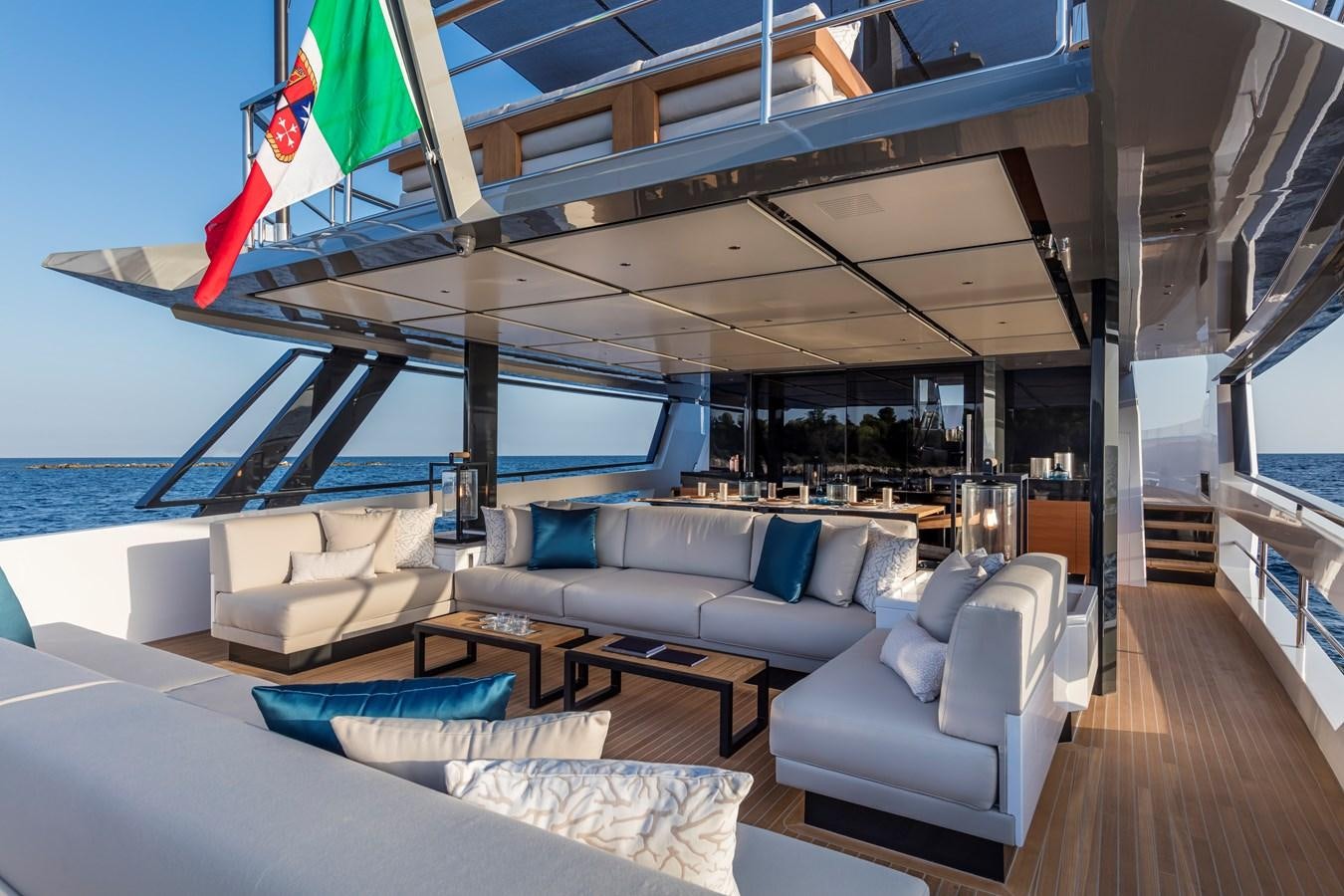 a living room with a large window aboard ARCADIA SHERPA 80 Yacht for Sale