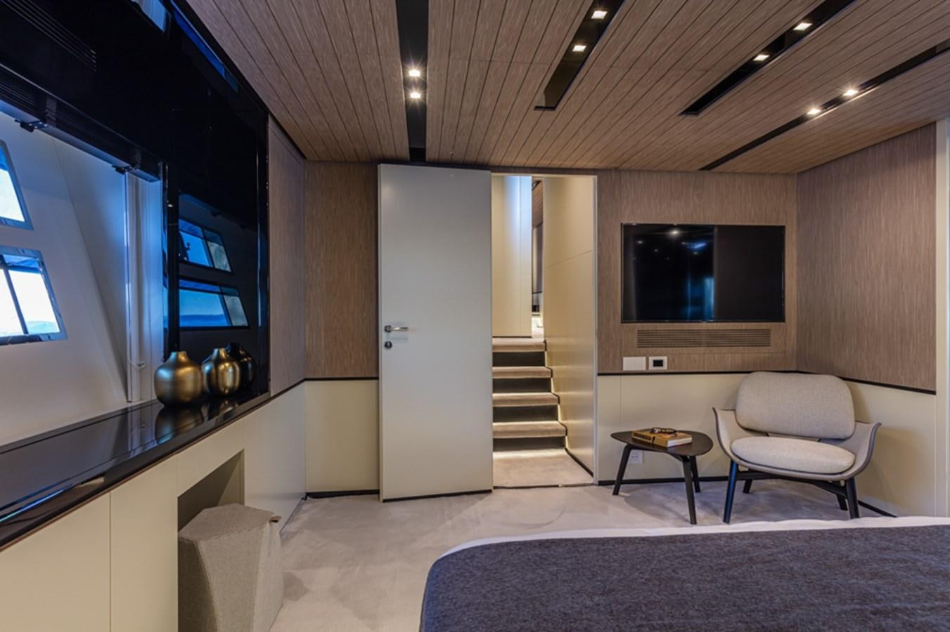 a modern looking living room aboard ARCADIA SHERPA 80 Yacht for Sale