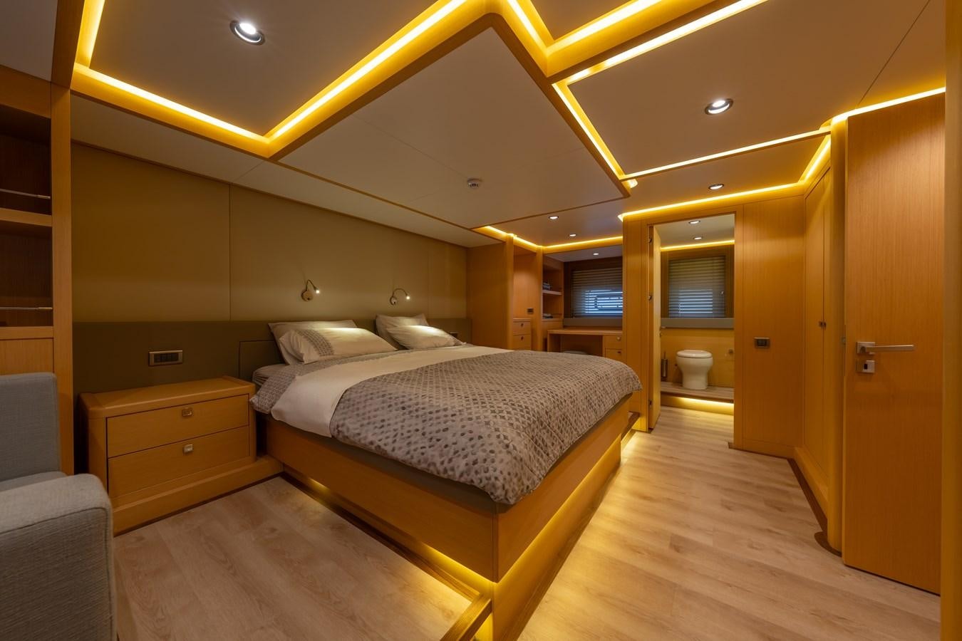 a bed in a room aboard JASMINA III Yacht for Sale