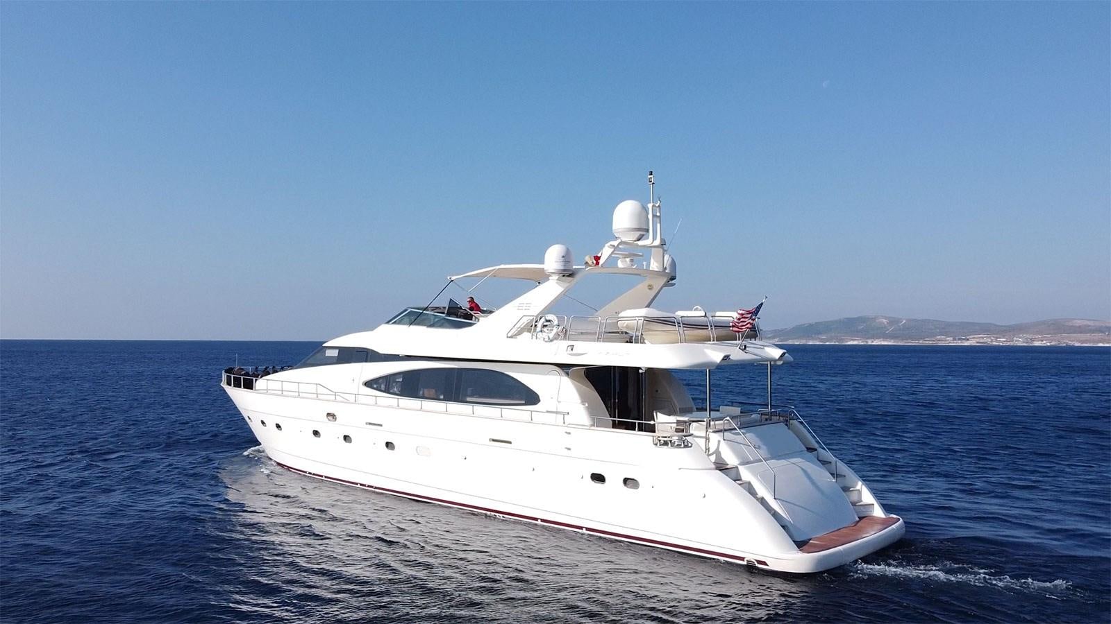 a white yacht on the water aboard TITAN Yacht for Sale