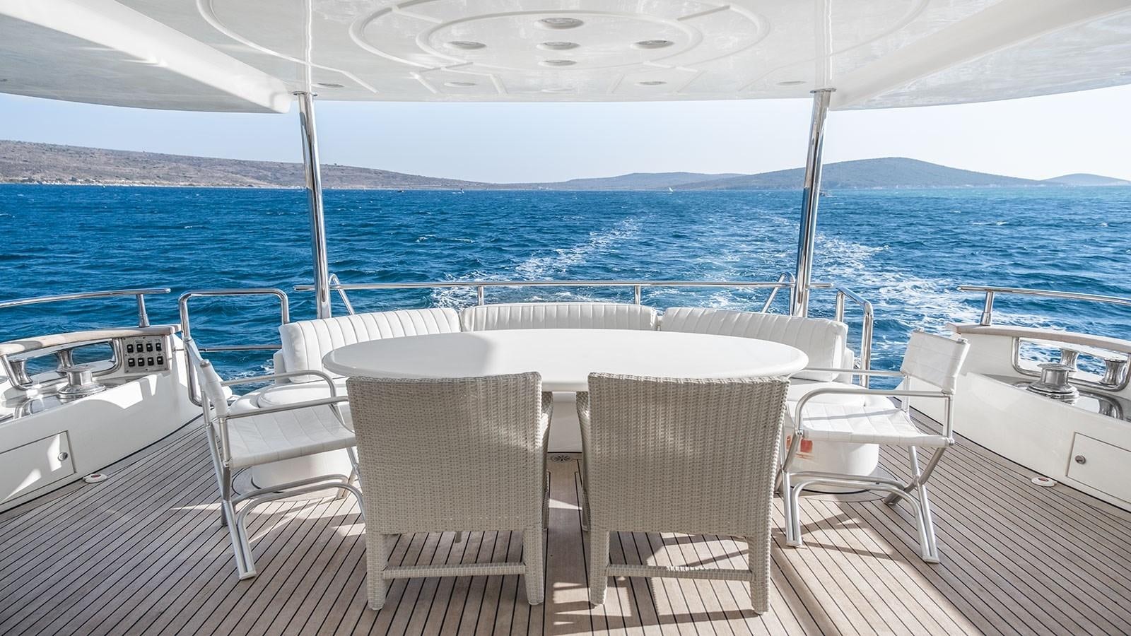 a table and chairs on a deck overlooking a body of water aboard TITAN Yacht for Sale