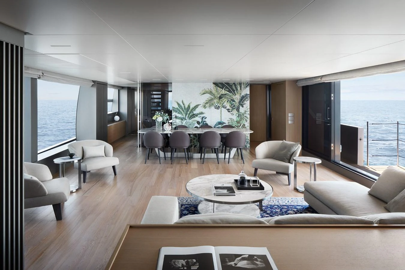 a living room with a large window aboard STELLA Yacht for Sale
